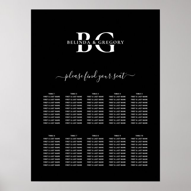 Poster Carte de siège Mariage Monogramme noir et blanc (Devant)