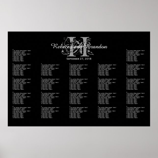 Poster Carte de siège Mariage Monogramme noir et blanc (Devant)