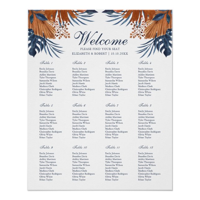 Poster Carte de siège Mariage Monstera Bleu de minuit (Devant)