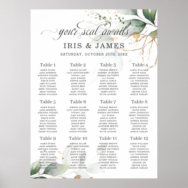 Poster Carte de siège Mariage or Feuille Rustique (Devant)