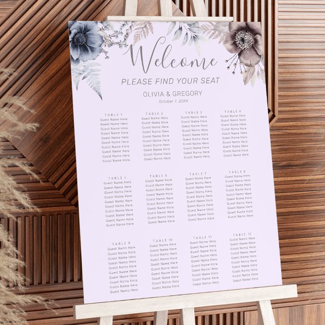 Poster Carte de siège Mariage Pastel Spring (Elegant Pastel Spring dusky blue, heather lilac, and beige. Watercolor Flower Wedding Seating Chart)
