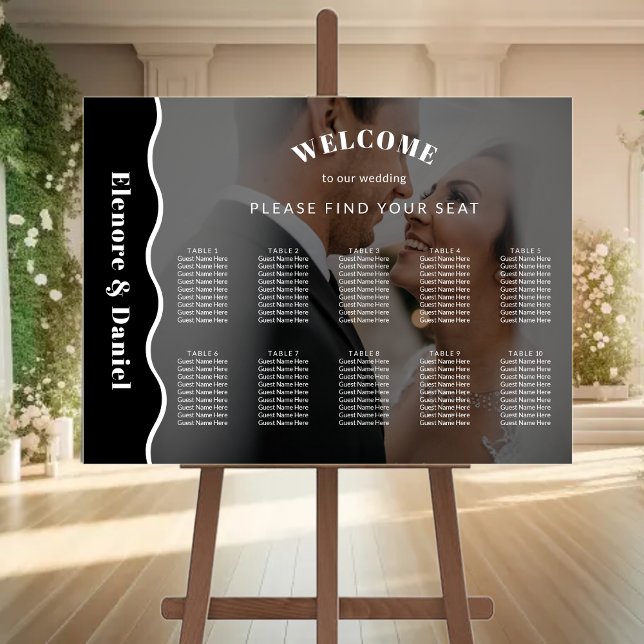 Poster Carte de siège Mariage photo noir blanc (Side Wave Black White Photo Wedding Seating Chart)