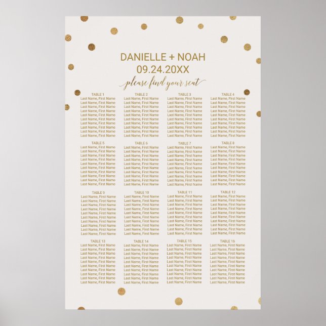 Poster Carte de siège Mariage Pois d'or (Devant)