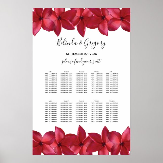 Poster Carte de siège Mariage Red Plumeria Frangipani (Devant)