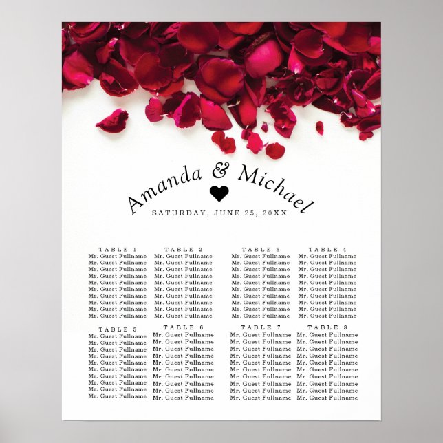 Poster Carte de siège Mariage Red Rose Petals (Devant)