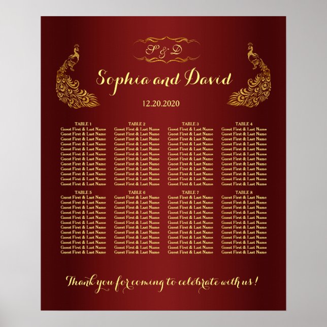 Poster Carte de siège Mariage Royal Burgundy Gold Peacock (Devant)