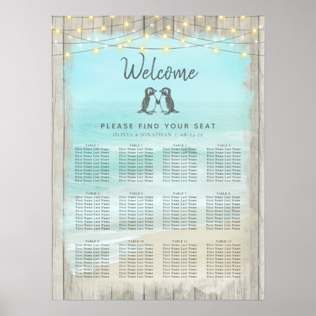 Poster Carte de siège Mariage Rustic Beach Penguins (Devant)