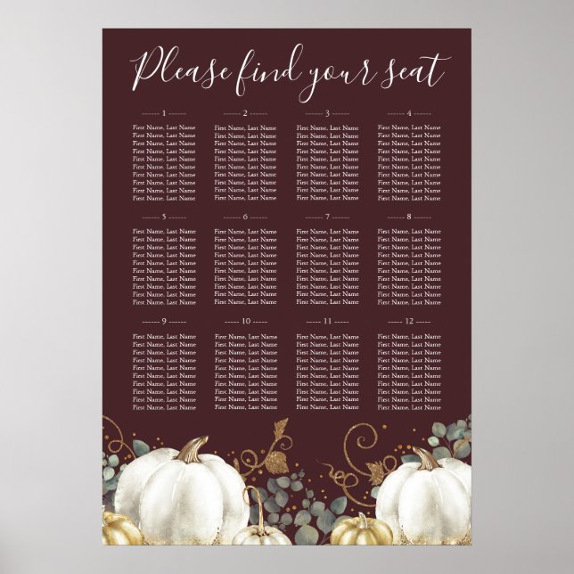 Poster Carte de siège Mariage Rustic Gold White Citrouill (Devant)
