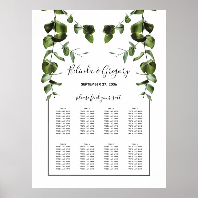 Poster Carte de siège Mariage Rustique Eucalyptus Feuille (Devant)