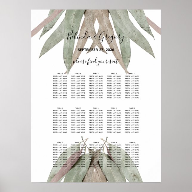 Poster Carte de siège Mariage Rustique Feuille Eucalyptus (Devant)