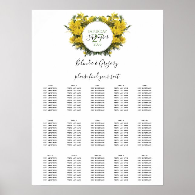 Poster Carte de siège Mariage Rustique Wattle Acacia (Devant)