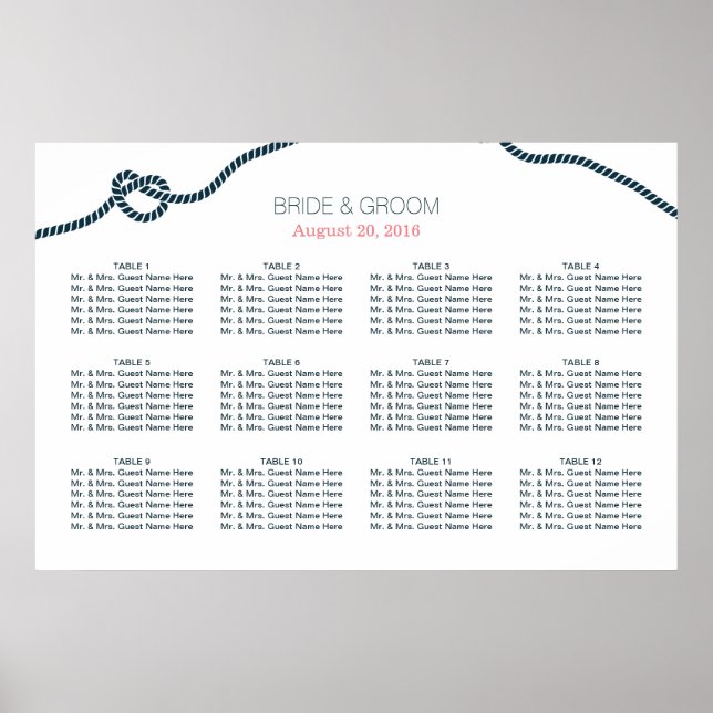 Poster Carte de siège Mariage simple à noeud bleu marine (Devant)