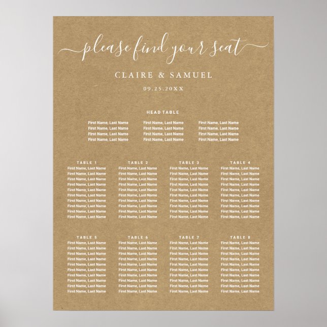 Poster Carte de siège Mariage simple Faux Rustic Kraft (Devant)