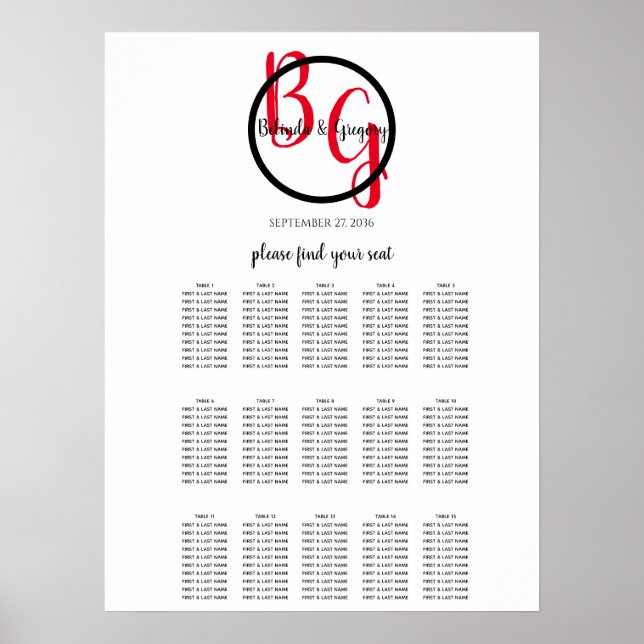 Poster Carte de siège Mariage simple personnalisée Initia (Devant)