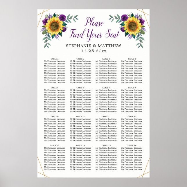 Poster Carte de siège mariage Tournesol violet géométriqu (Devant)