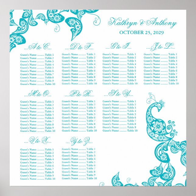 Poster Carte de siège Mariage Turquoise Paisley Peacock (Devant)