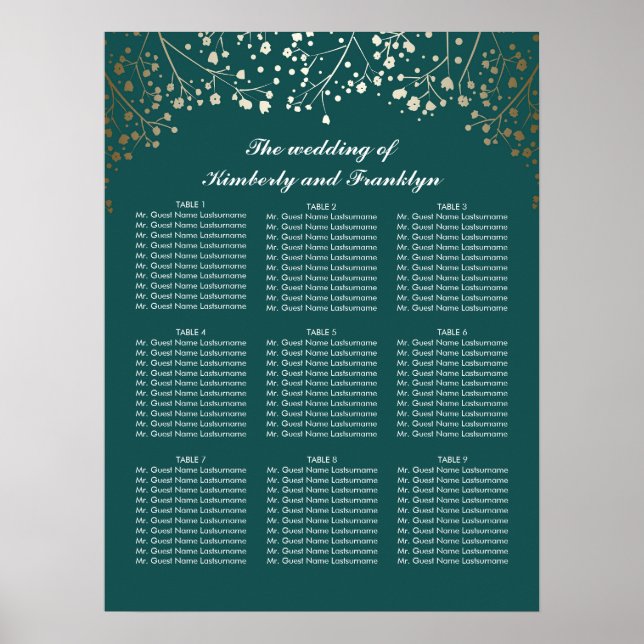 Poster Carte de siège Mariage Turquoise pour bébé d'or (Devant)