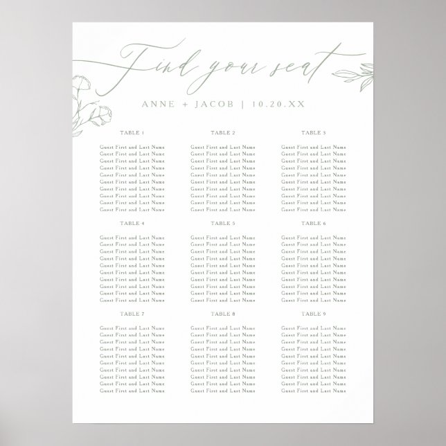 Poster Carte de siège Mariage vert Sage simple (Devant)