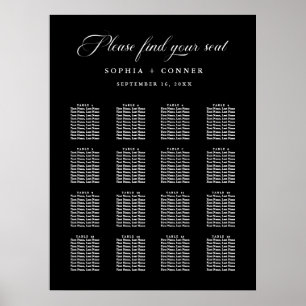Poster Carte de siège noir élégant pour mariage délicat