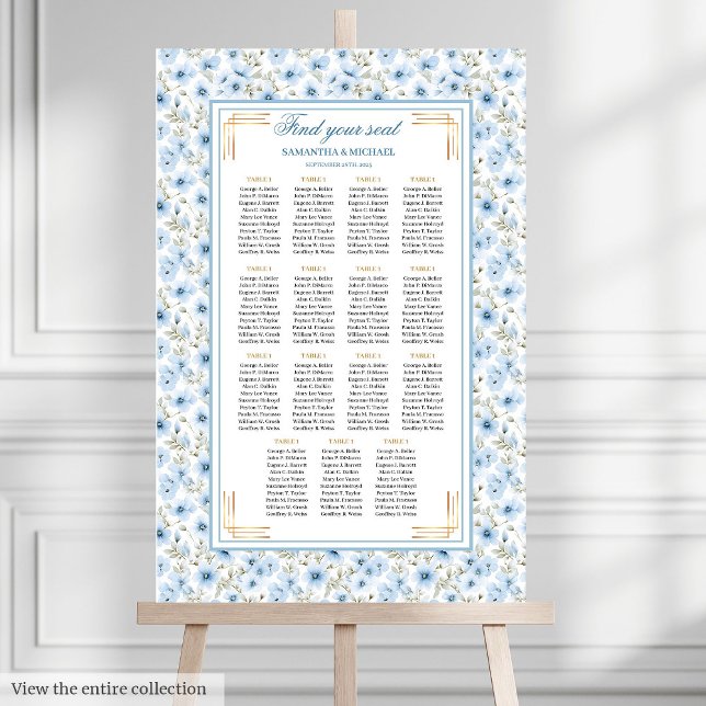 Poster Carte de siège Pastel Blue Gold élégant (Stylish Pastel Blue Gold Watercolor Seating Chart)