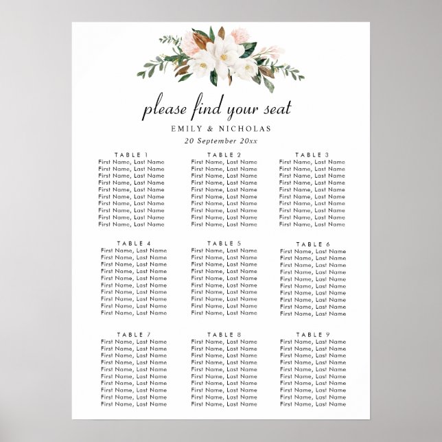 Poster carte de sièges à fleurs de magnolia blanche (Devant)