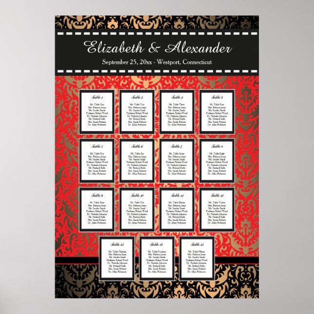 Poster Carte de sièges de table Rich Red Mariage damassé  (Devant)