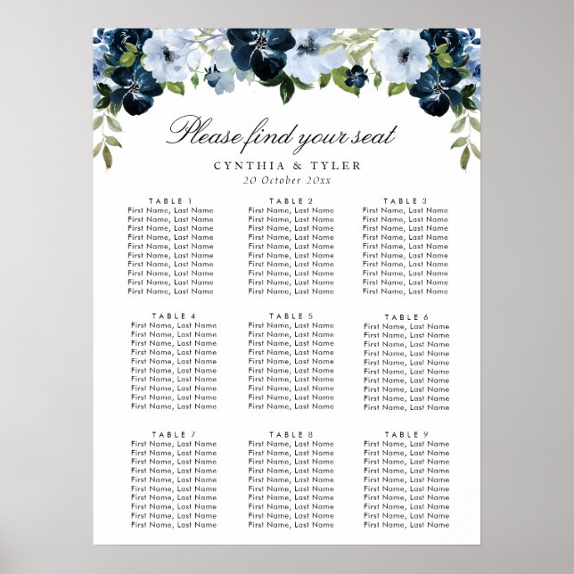 Poster carte de sièges mariage bleu clair marine (Devant)