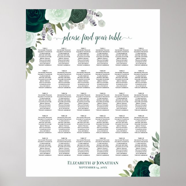 Poster Carte de sièges Mariage Emerald Rose Chic 30 Table (Devant)