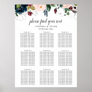 Poster carte de sièges mariages à fleurs bleu bordeaux et
