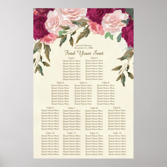 Poster carte de sièges mariages à fleurs rose-bordeaux (Devant)