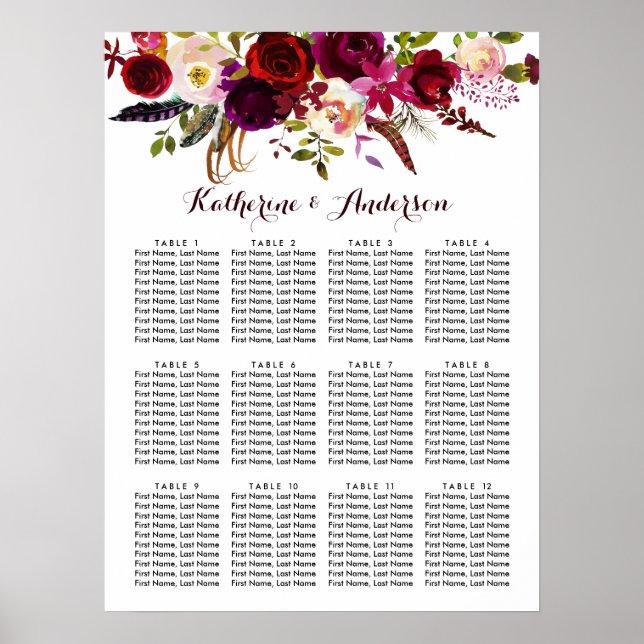 Poster Carte de sièges Mariages floraux Marsala Boho de B (Devant)