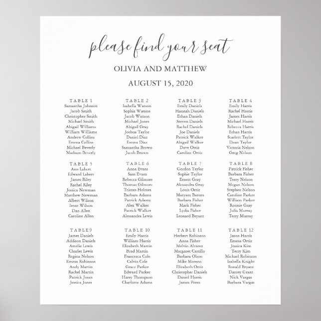 Poster Carte de sièges simple en blanc et noir mariage (Devant)