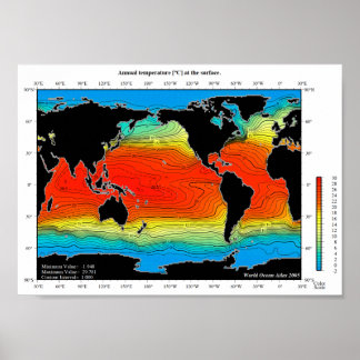 Poster Carte de température des océans du monde, détaillé