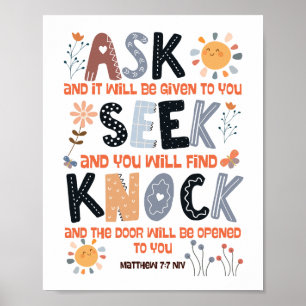 Poster Carte de verset biblique Écriture Matthieu 7:7