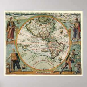 Poster Carte de Vieux Monde antique des Amériques, 1597