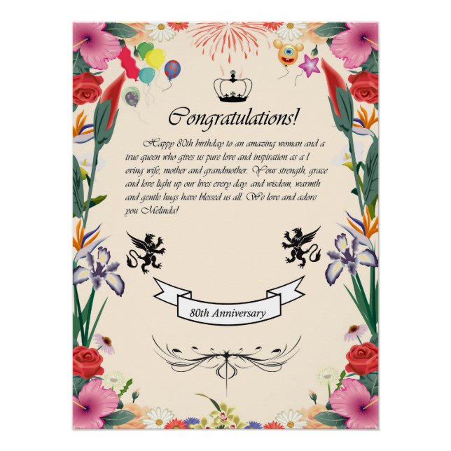 Poster Carte de voeux pour le 80e anniversaire de Melinda (Devant)