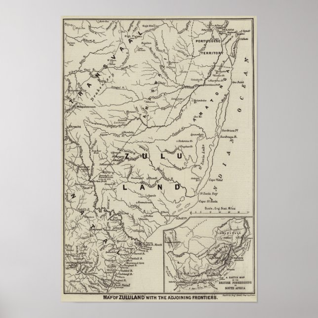 Poster Carte de Zululand avec les frontières adjacentes (Devant)