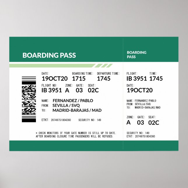 Poster Carte d'embarquement - Vert (Devant)
