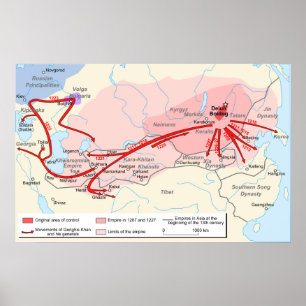 Poster Carte d'empire de Genghis Khan pendant le 13ème