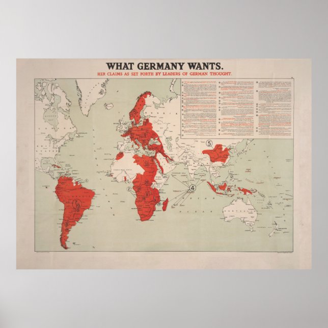 Poster Carte des Ambitions de la Conquête Allemande vinta (Devant)