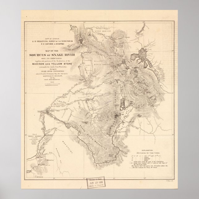 Poster Carte des années 1870 Sources de Snake River Wyomi (Devant)