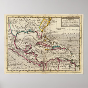 Poster Carte des Antilles, du Mexique ou de la Nouvelle E