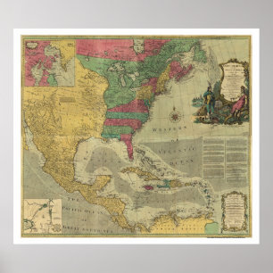 Poster Carte des Antilles et de l'Amérique du Nord - 1774