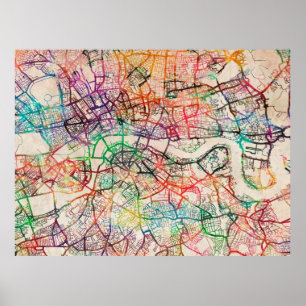 Poster Carte des aquarelles de Londres
