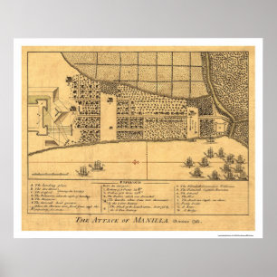 Poster Carte des attaques de Manille Philippines 1762