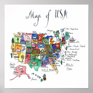 Poster Carte des attractions des Etats-Unis d'Amérique