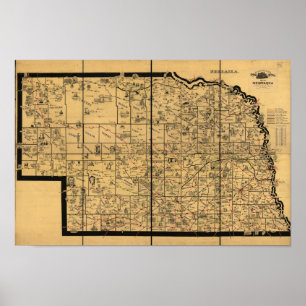 Poster Carte des chemins de fer antiques du Nebraska 1897