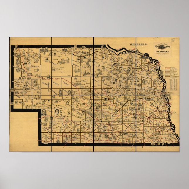 Poster Carte des chemins de fer antiques du Nebraska 1897 (Devant)