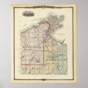 Poster Carte des comtés d'Ashland et de Bayfield