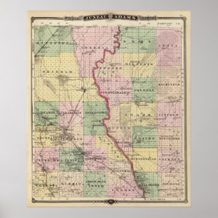 Poster Carte des comtés de Juneau et d'Adams